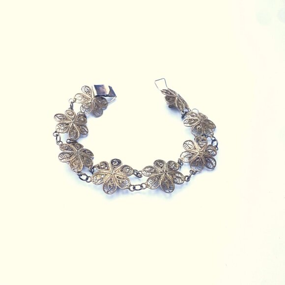 Vintage Mexican Silver Filigree Chrysanthemum Link Bracelet—1940-60s—EUC - Picture 6 of 8